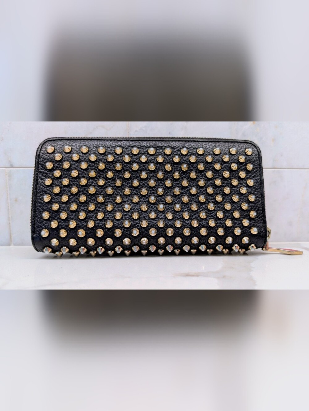 Christian Louboutin Black Leather Studded Wallet with Silver Spikes
